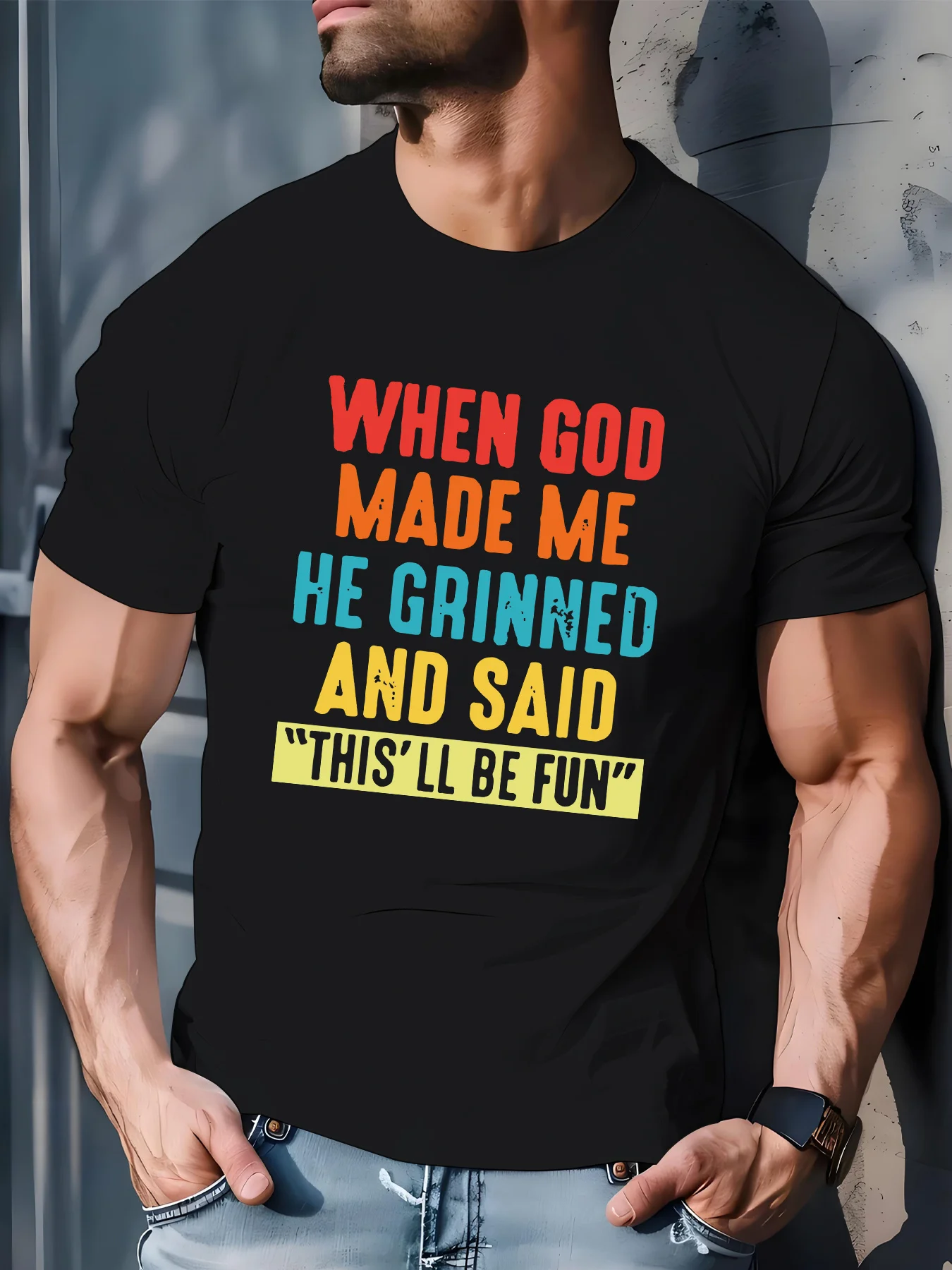 Men'S Plus Size Graphic T-Shirt - When God Made Me He Grinned And Said This'Ll Be Fun Print |   Casual Crew Neck, Short Sleeve, Medium Stretch, Summer Tee For Adults And Teens, Everyday Tshirt, Playful Print Tee, Comfortable Fit