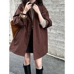 Simple Fashion Trench Coat Women Spring Autumn Stand-up Collar Single Breasted Loose Casual Brown Black Windbreaker Jacket Tops