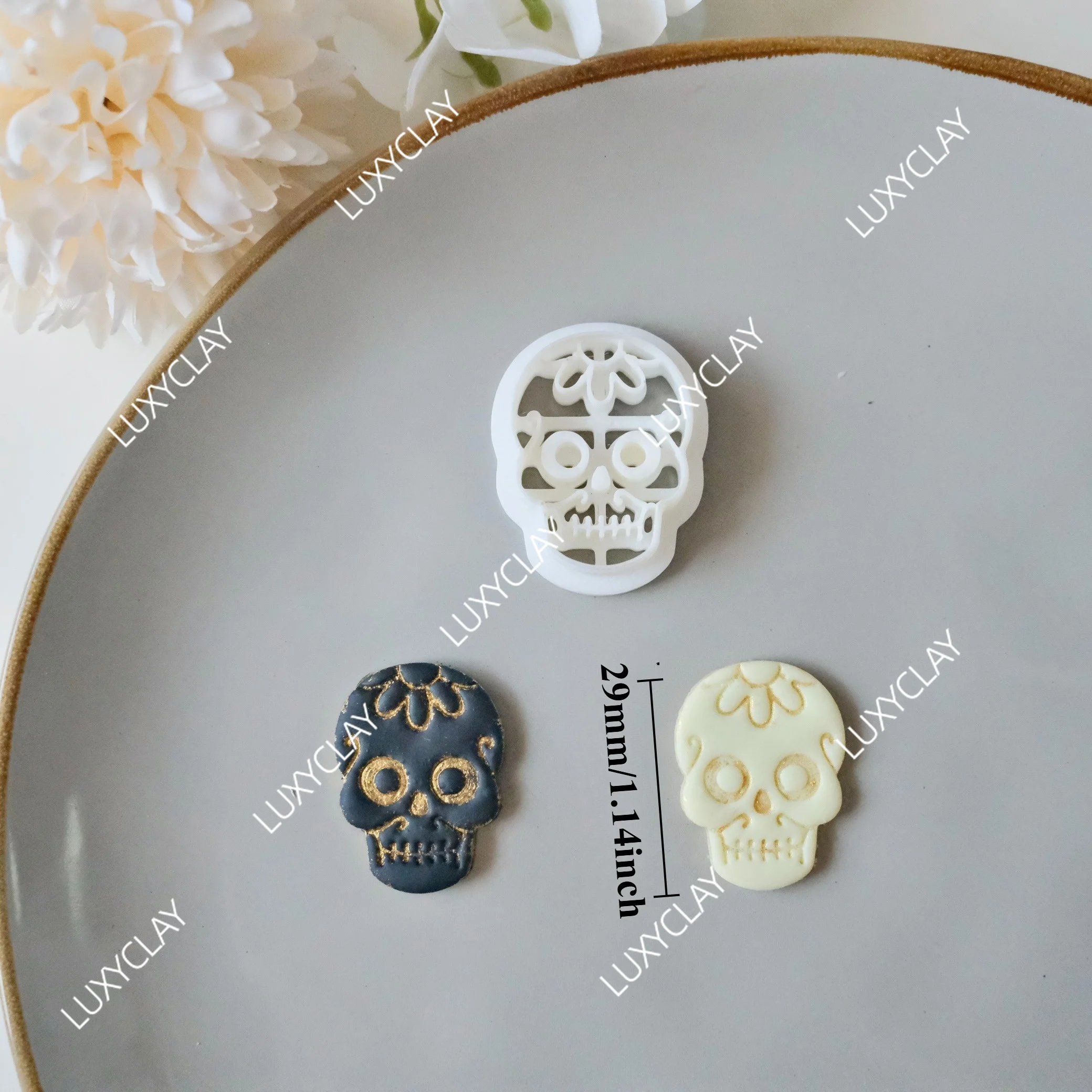 1pc Halloween Sugar Skull Polymer Clay Cutters for Earrings Jewelry Making, Embossed Skull Shape Clay Molds for Pendant Crafting