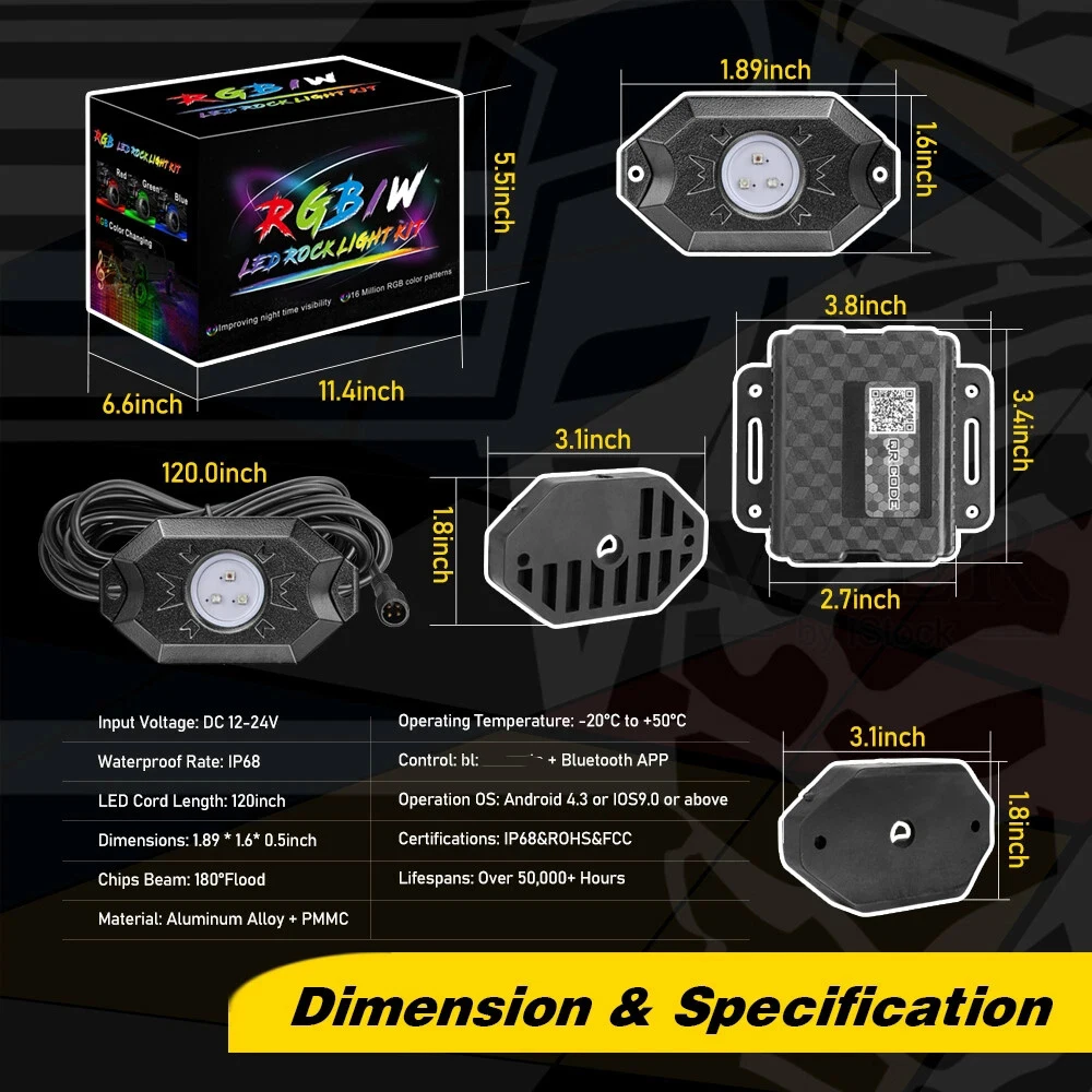 8-pods RGB LED Rock Light APP Control Music Neon Car Underglow Chassis Light for Offroad Truck SUV Rock Lights ATV UTV Pickup