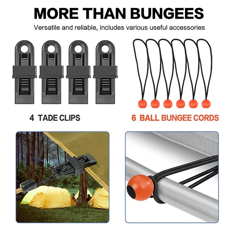 Corde elastiche da campeggio ABLK 30 pezzi Set di corde assortite premium in barattolo con 4 clip, 6 elastici ed uso incluso con palla