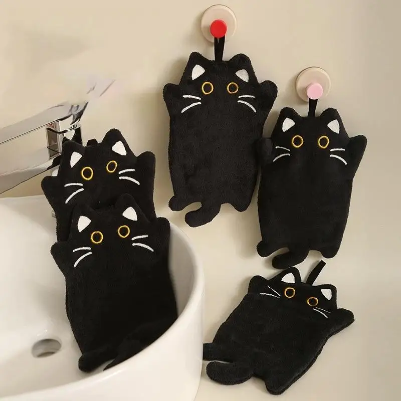 1pcs/2pcs Cartoon Cat Hand Towel Thickened Absorbent Kitchen Heat Resistant Pad Hanging Cleaning Cloth Towels
