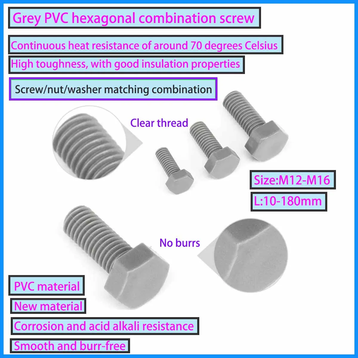 PVC Coated Hex Head Bolt Nut Washer Kit Anti-Corrosion Insulated Plastic External Hex Screw Combination Fasteners M12-M16