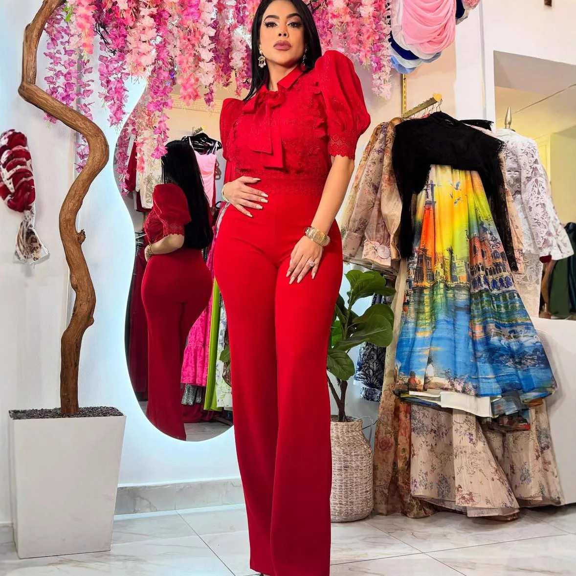 

Office Lady Jumpsuit For Women Short Sleeve Lace Patchwork Lace-Up Wide-Leg Pants Jumpsuits Elegant Spring Autumn Outfits