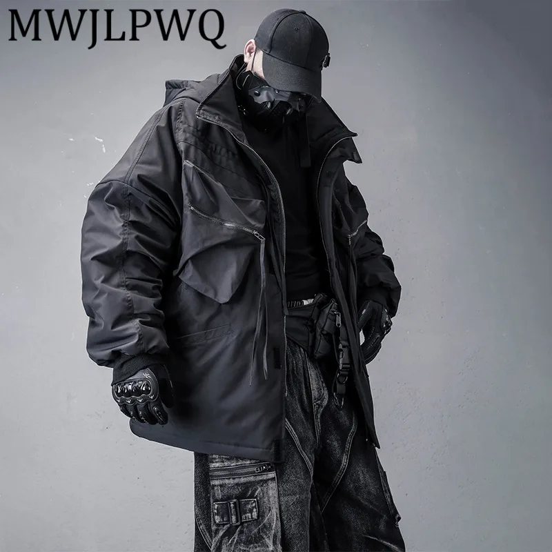 

MWJLPWQ Heavy-duty Functional Multi-pocket Thickened Cotton Coat Male Dark Personality Trendy Workwear Fit Plus-size Tops 12903