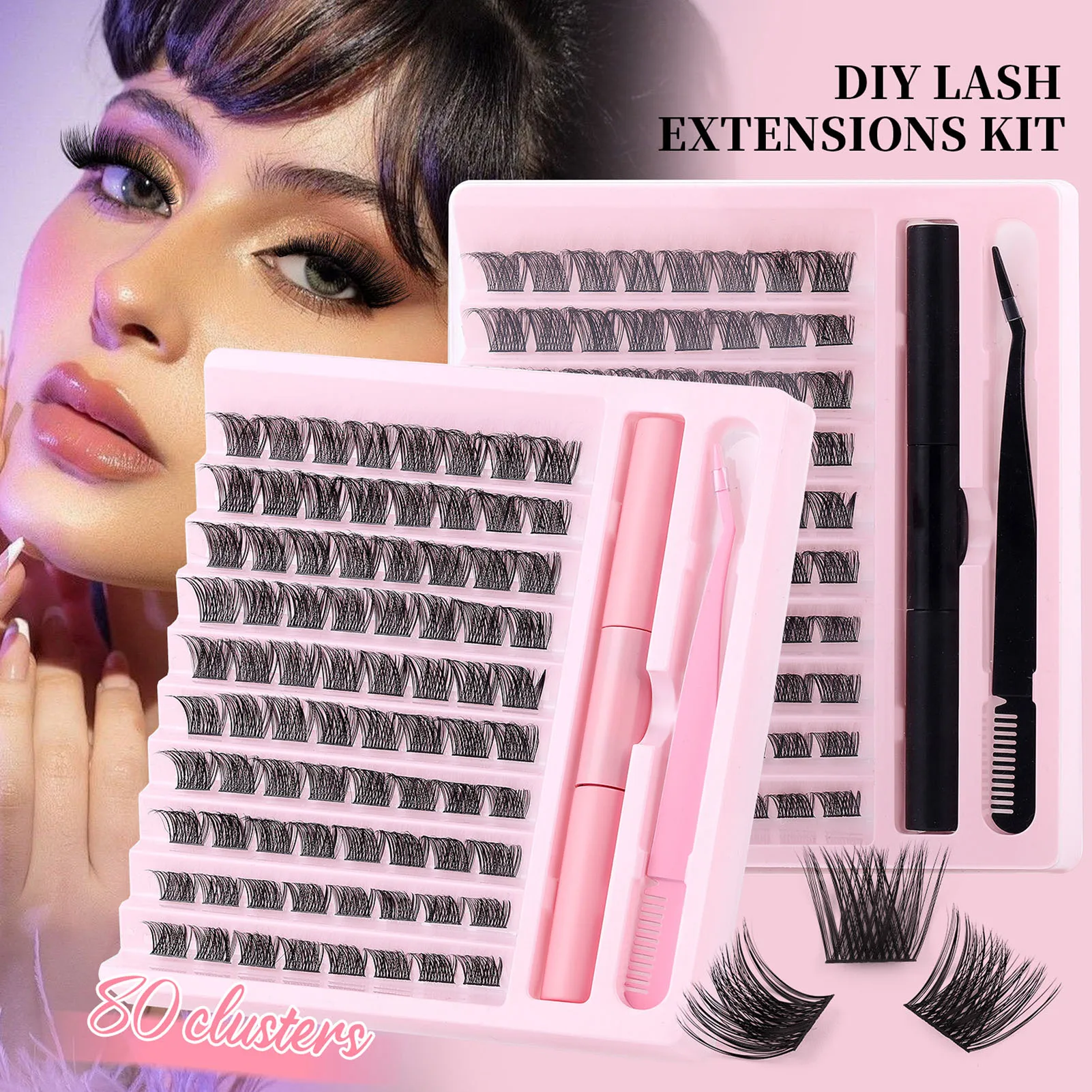 Schoonheid Valse Wimpers Set Bond En Seal Lijm Kit 10-16Mm 80 Clusters Natuurlijke Lange Wimpers Diy Lash Extensions Make-Up Accessoires