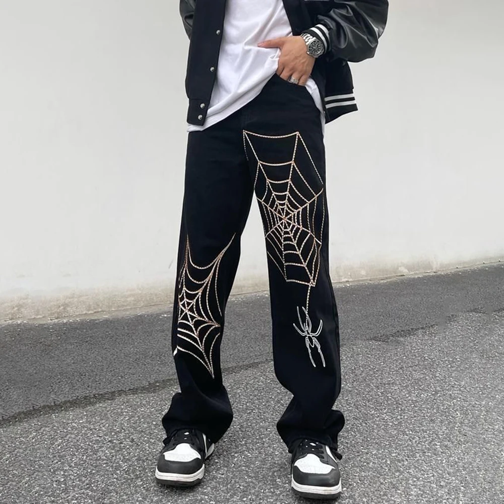 Embroidery Spider Web Straight Casual Jeans Pants Men Vibe Style Ripped Oversize Loose Denim Trousers Streetwear