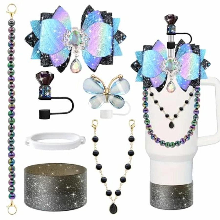 

Diamond Bling Accessories for Stanley Cup 40oz 30oz 24oz Tumbler, Including Big Bow Crystal Charm and Pearl Handle Strap, Silic