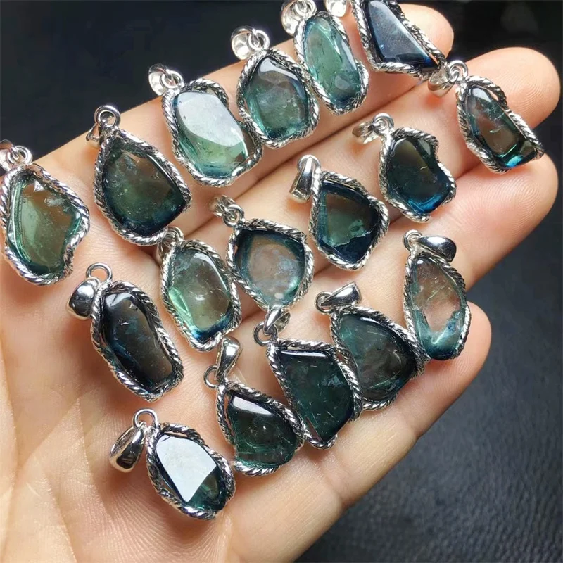 S925 Natural Freeform Blue Tourmaline Pendant DIY Necklace Women Jewelry Romantic Holiday Gift 1PCS