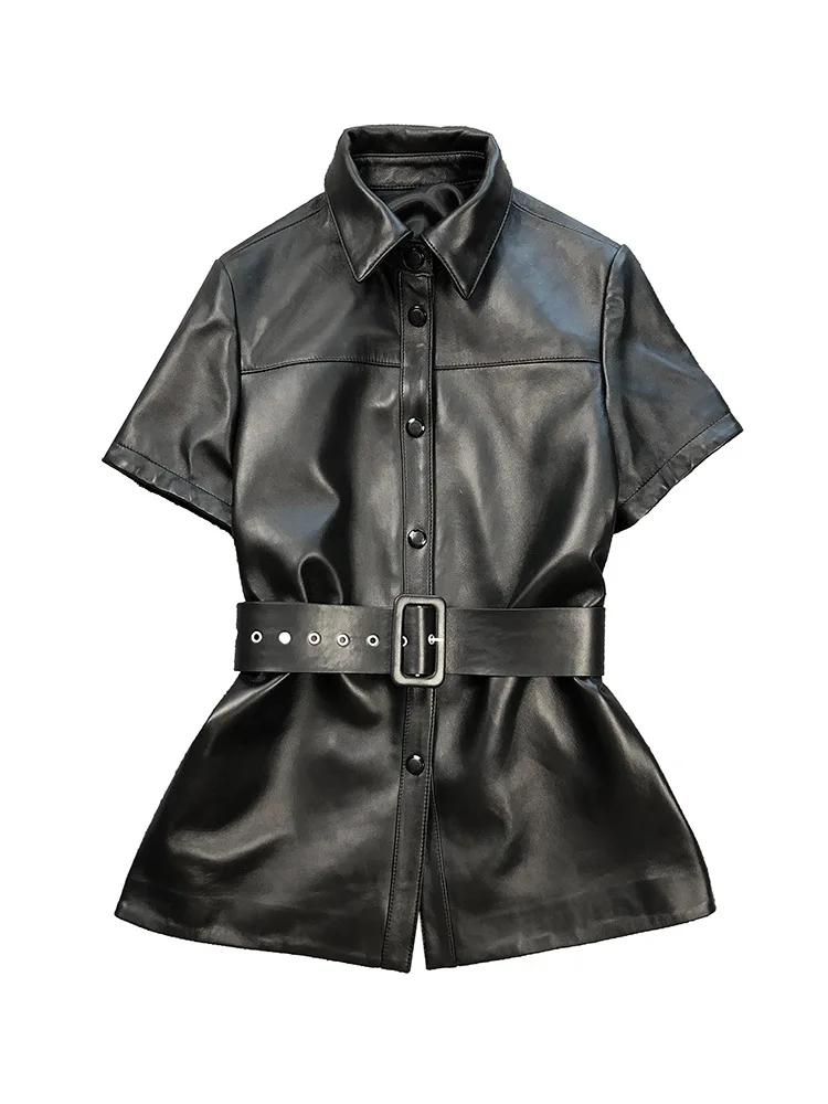 Chemise noire en cuir véritable avec ceinture pour femme, manteau à manches courtes, mode féminine, nouveauté, E3, 2023