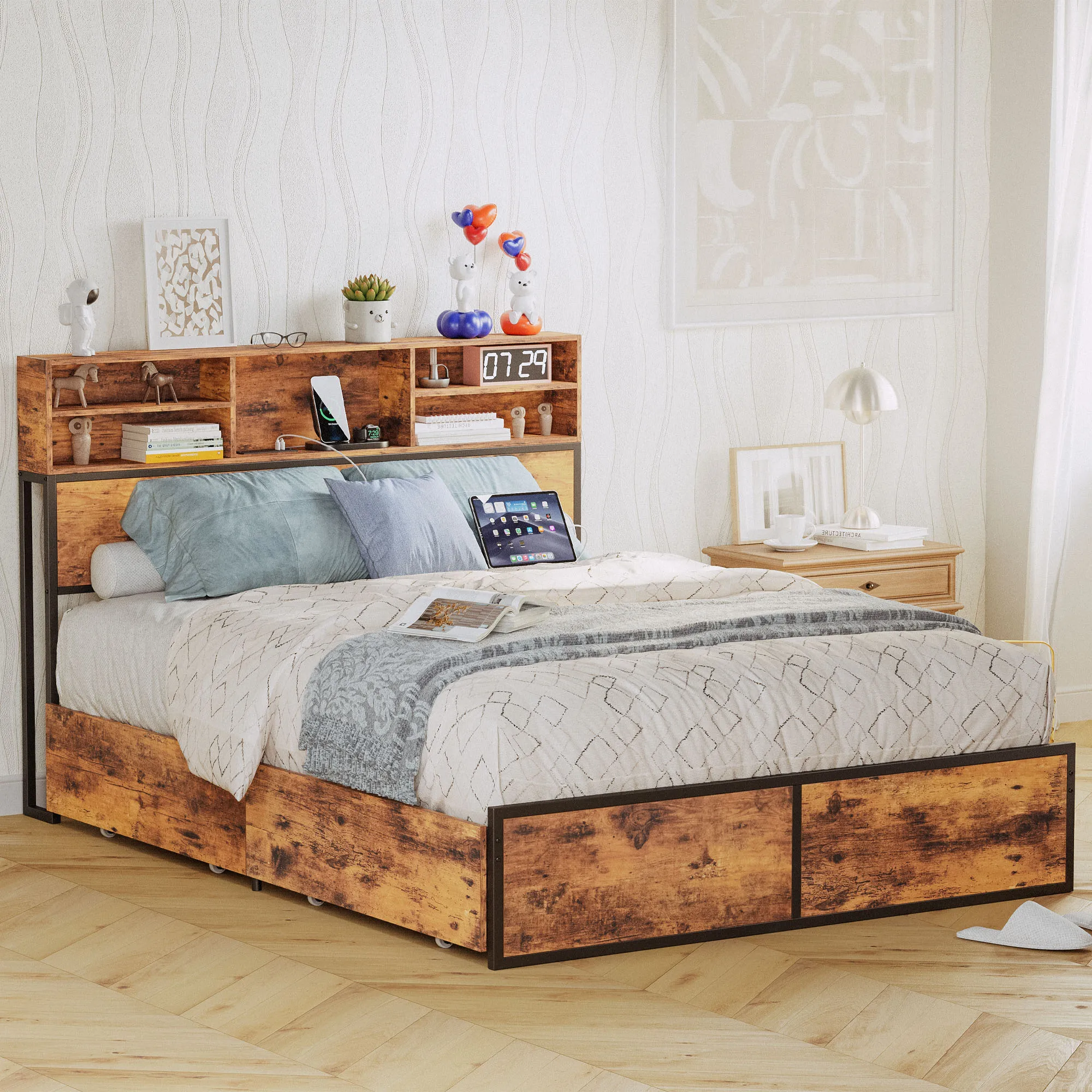 LIKIMIO Queen Bed Frame with Tall Bookcase Headboard and Charging Station, Sturdy and No Noise Platform Bed