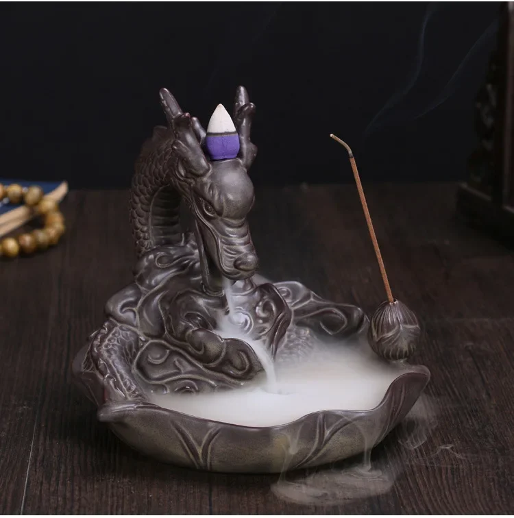 

With Incense Cones Ceramic Gold Dragon Incense Burner Smoke Backflow Like Water Streaming Down Art Craft Incense Cone Furnace
