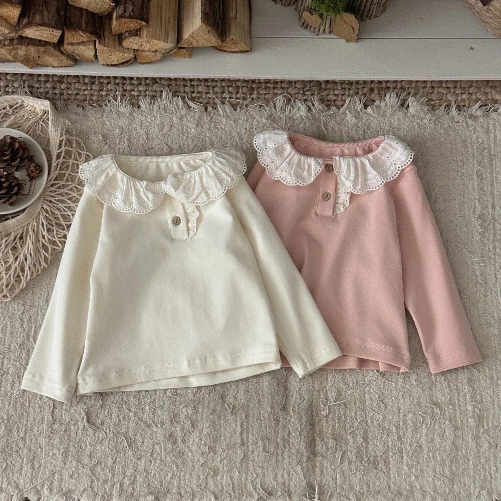 Baby Long-Sleeve Blouse 6M-3T Baby Clothes Sweet Lace Lapel Blouse for Girls Comfortable Thin Toddler Shirt