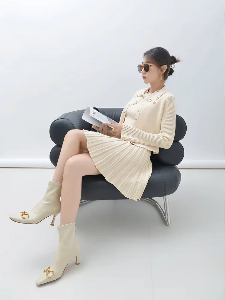 CHUJIE 2025 Frühherbst-Strick-3-teiliges Set – Mantel mit Umlegekragen und Metallring + ärmellose Weste und Minirock, schmale Passform