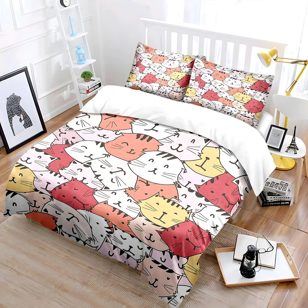 3pcs Cartoon cat face collage Print Bedding Set 1 Duvet Cover 2 Pillowcases for Adult and Children Luxury Gift Full Size