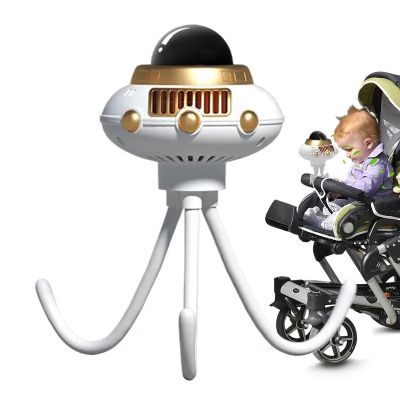 Tragbarer Kinderwagen-Ventilator, Space Octopus, wiederaufladbarer Kinderbett-Ventilator, 3-Gang-verstellbares Kühlgerät mit Batterieanzeige, Kinderwagen