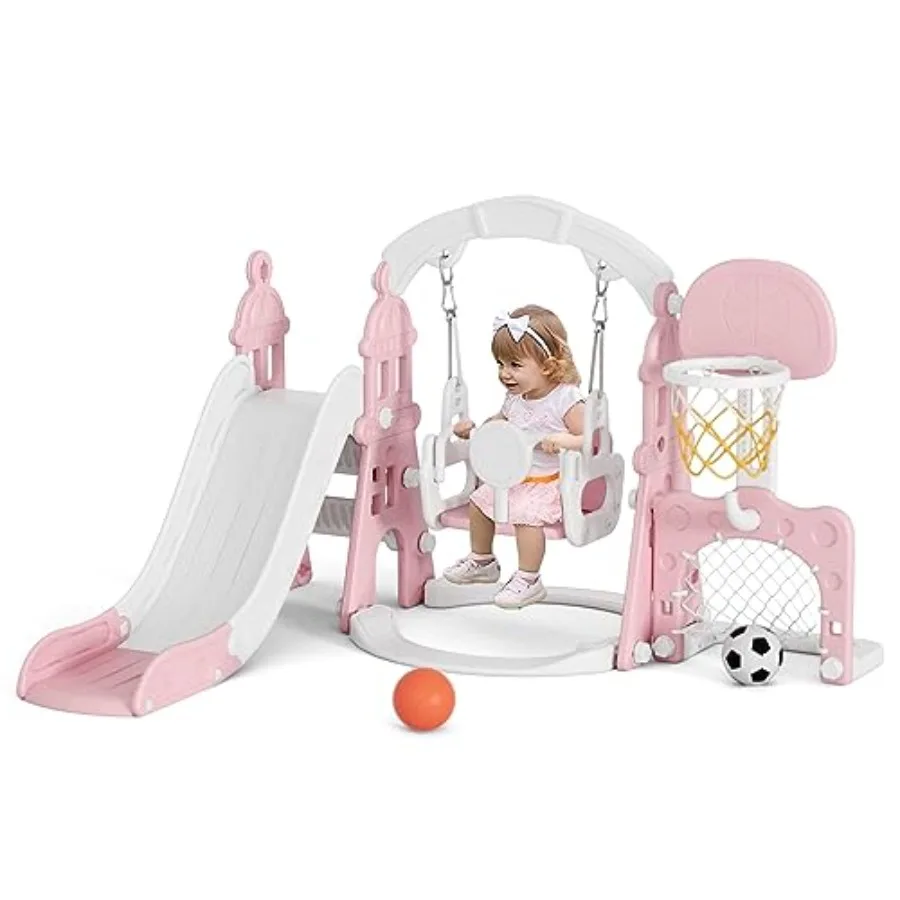 

5-in-1 Slide and Swing Set Toddler Slide with Basketball Hoop Swing Outdoor Indoor Playground for Toddlers 1-3 Years Pink Plast