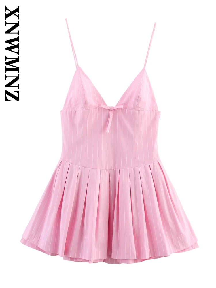 

XNWMNZ 2025 Summer Lady Party club Shoulder Backless mini Dresses Sexy Fashion Female Pink V-Collar Pleated with Bowknot dress