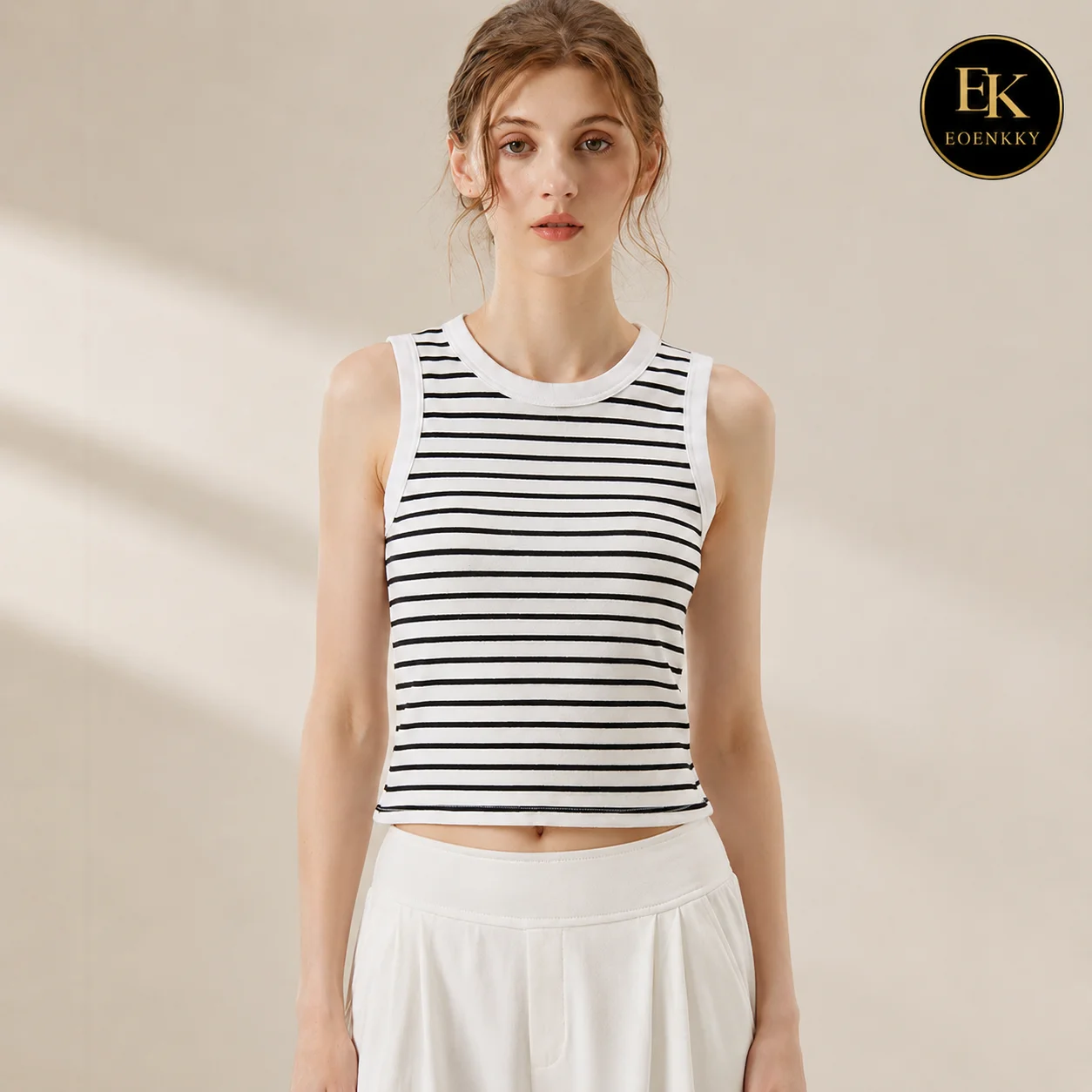 EOENKKY Women Built In Bra Tank Top 95% Cotton Striped Sleeveless Crop Top High Stretch Padded Cami Summer Basic Vest