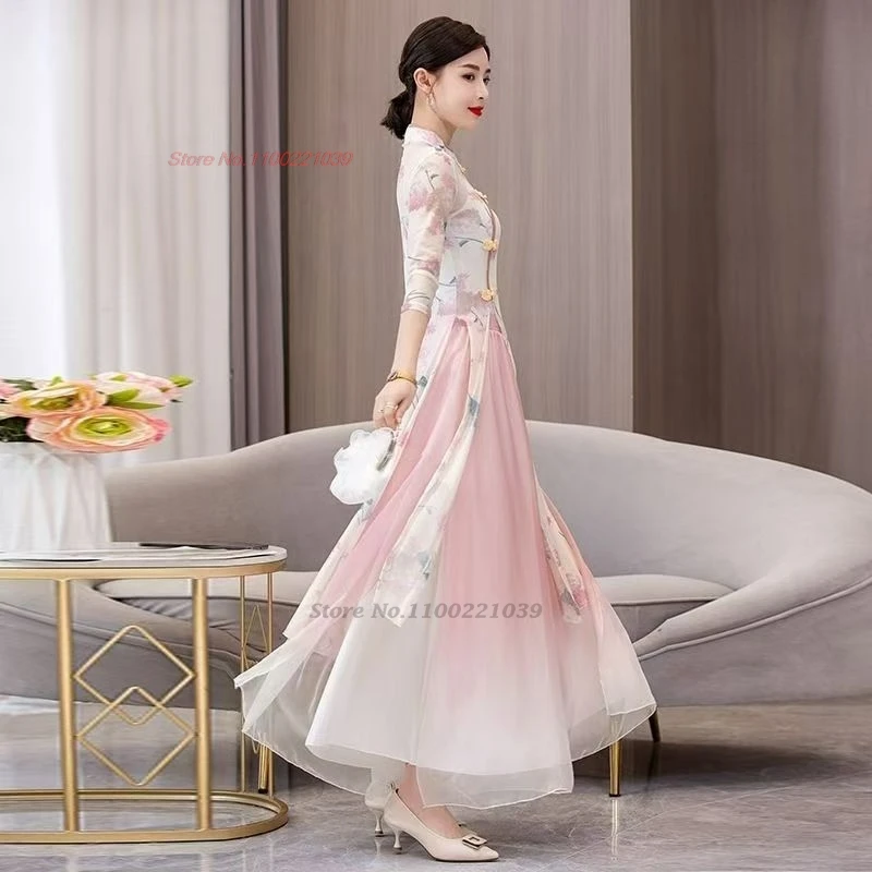 2025 abito da ballo popolare vintage cinese tradizionale stampa floreale maglia qipao top + pantaloni allenamento pratico per spettacoli teatrali retrò