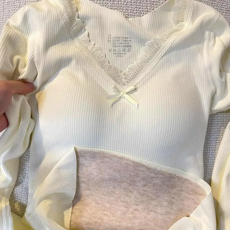 

Pure desire semi open V-neck bow Korean lace long sleeved knitted base with autumn versatile and high-end casual base shirt