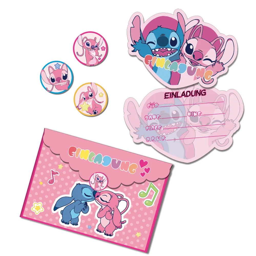 12Sets Disney Officially Licensed Stitch Angel Cute Pink Theme Birthday Party Invitation Card Envelope Invitation Postcard (With