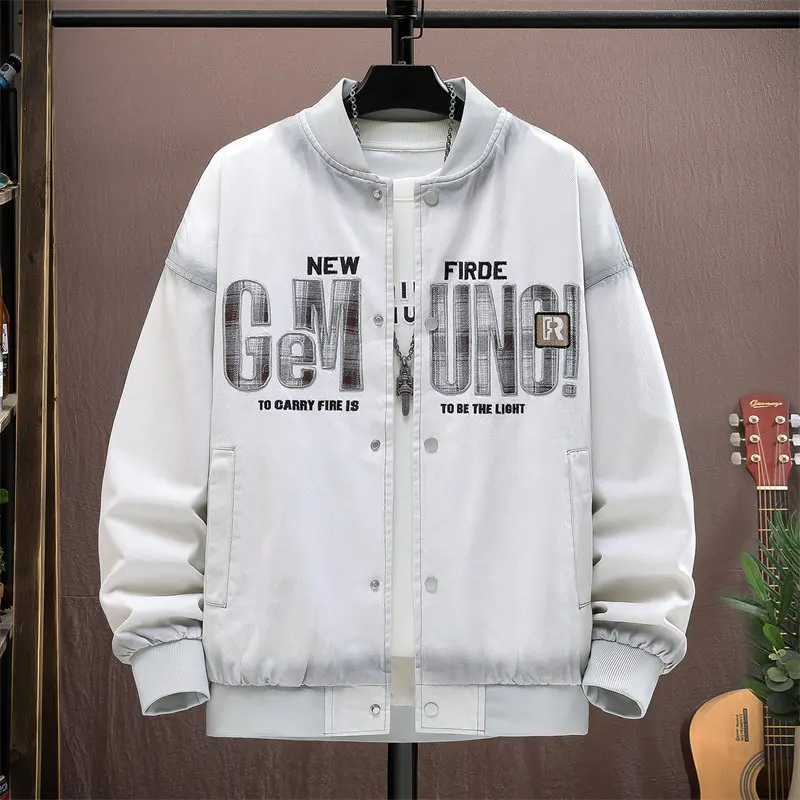 

Premium Denim Jaet with Embroidered Letters And Baseball Collar Stand up Collar Outerwear for Teenage Students Cotton Polye...