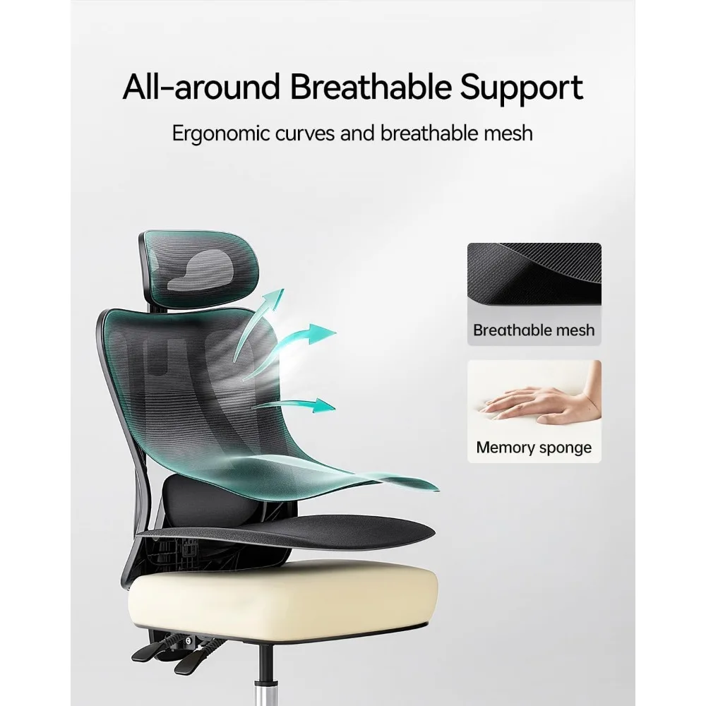 Ergonnomic Office Chair with 2D Lumbar Support, Office Chair with Adjustable Headrest and Armrest, 145° Stepless Tilt Function