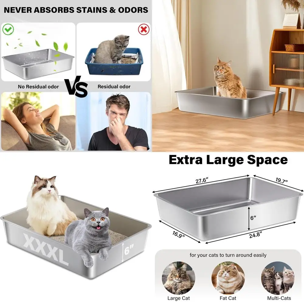 

Extra Large Stainless Steel Litter Box, 28x20x6, Odorless, Ideal for Large Cats and Multiple Felines