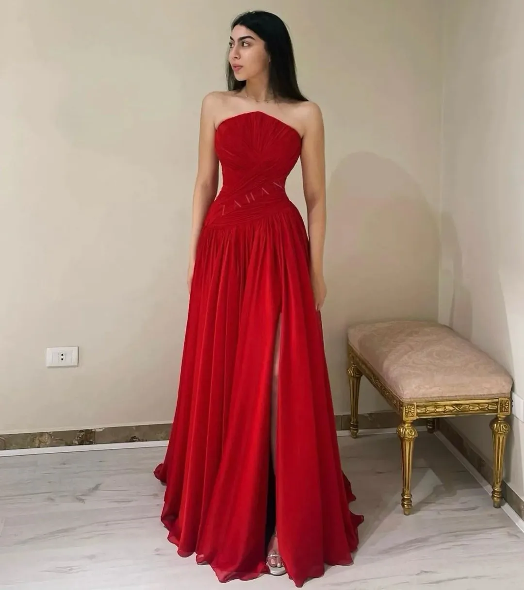 Fashionvane Sexy Strapless Prom Dresses 2024 Ruched Long Side Slit Chiffon Evening Dress for Saudi Arabia Women Wear Vestidos