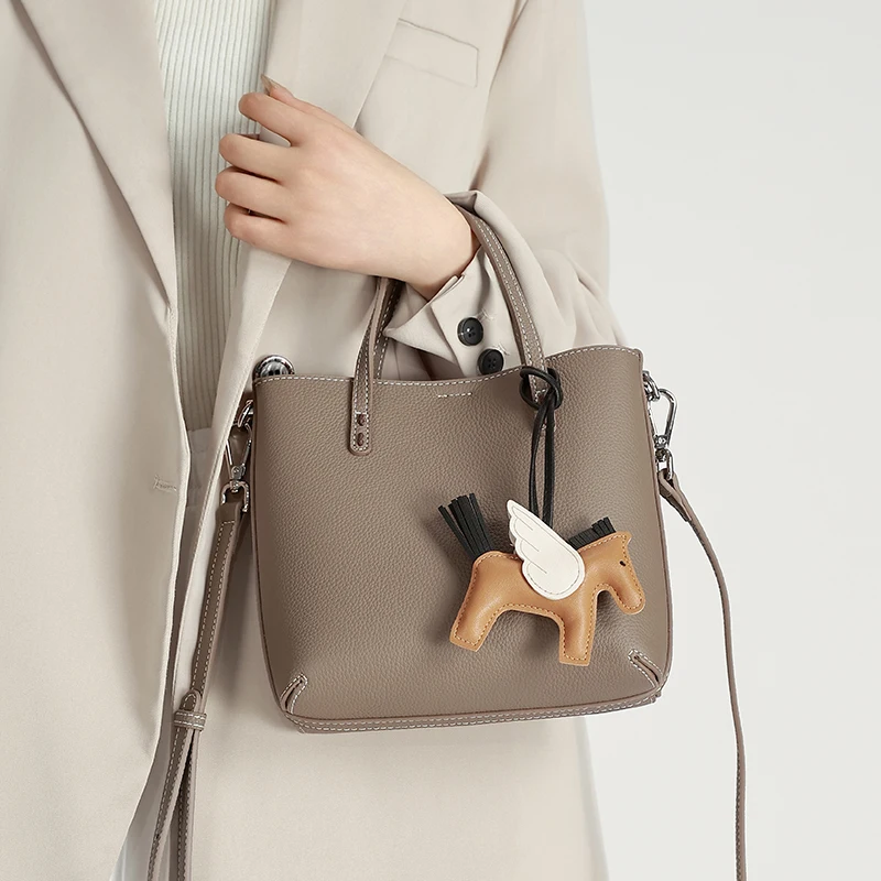 Women's Genuine Leather With Accessories Handbag Large Capacity Top Handle Tote Crossbody Bag Retro Luxury Commuter Shoulder Bag