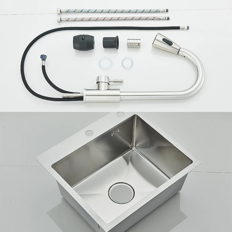 المطبخ الفولاذ المقاوم للصدأ نحى حوض غسيل الخضار تحسين المنزل فتحة واحدة مع المصارف خلاط الماء البارد والساخن