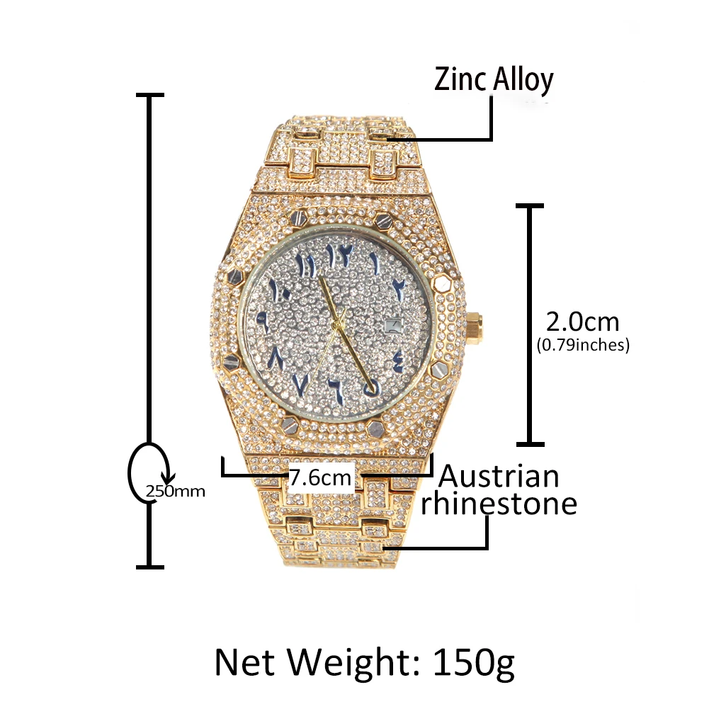 THE BLING KING Arabic Numerals Mens Watches Hip Hop Fashion Luxury Male Iced Out Watch 18K Gold For Men Classic Jewelry For Gift