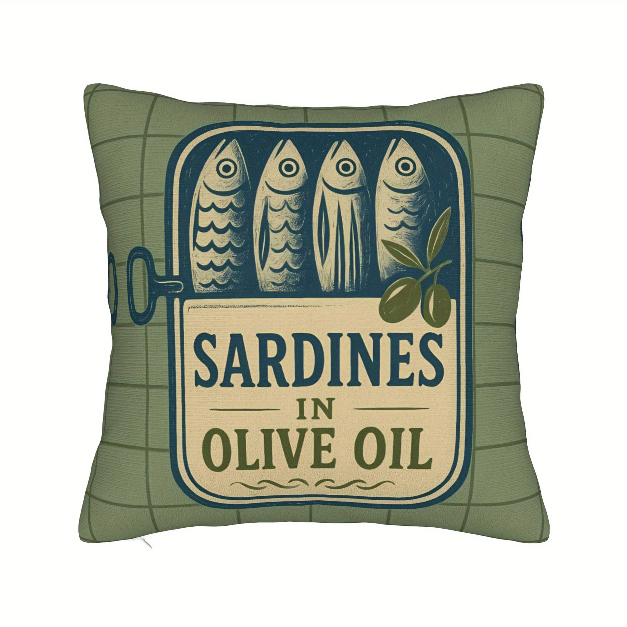 Vintage Seafood Motif Pillow Cover Square Polyester Cushion Case Zipper Washable – Illustrative Sardine Jar Design on Green Grid