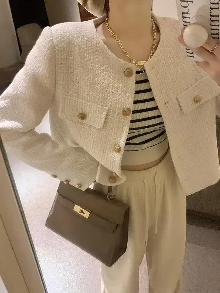 New Fashion Small Fragrance Tweed Jacket Coat Women Korean Loose Elegant All Match Coats Autumn O Neck Single Breasted Outerwear