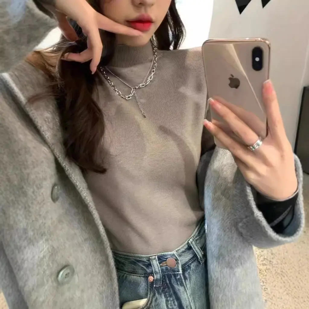 

Женский свитер с длинными рукавами, трикотаж, облегающая базовая рубашка, внутренняя осень-зима, универсальный топ с полувысоким воротником в западном стиле