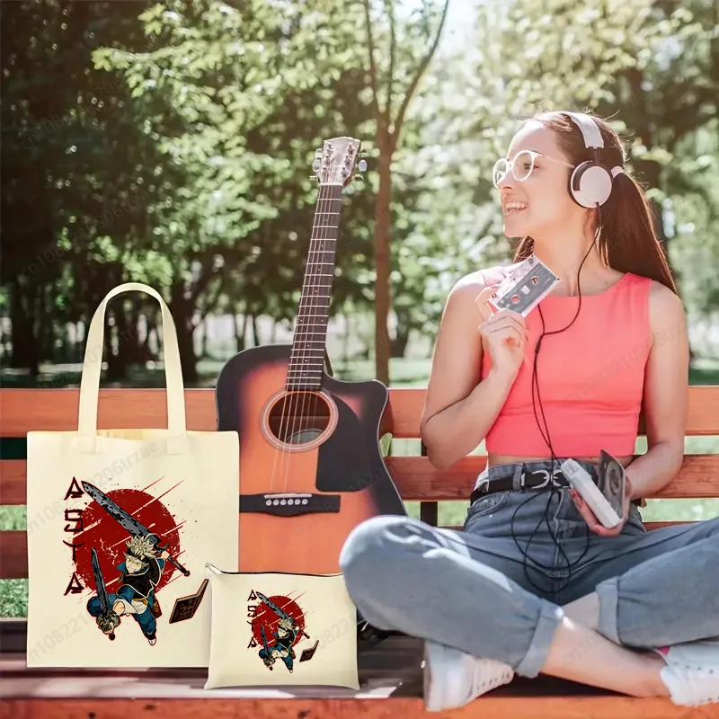 

Anime Asta Yuno Printed Shopping Bag Set Funny Kawaii White Unisex Fashion Travel Canvas Bags Makeup Bag