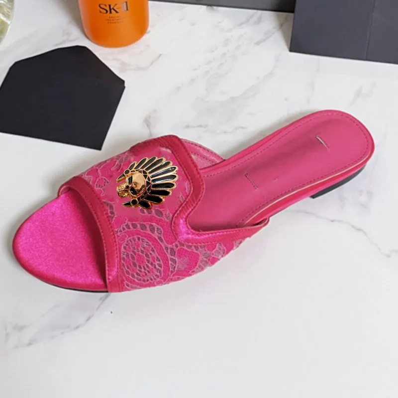 

Высококачественные цельные тапочки на плоской подошве с открытым носком для женской верхней одежды с кружевной пряжкой со стразами, сексуальные шлепанцы