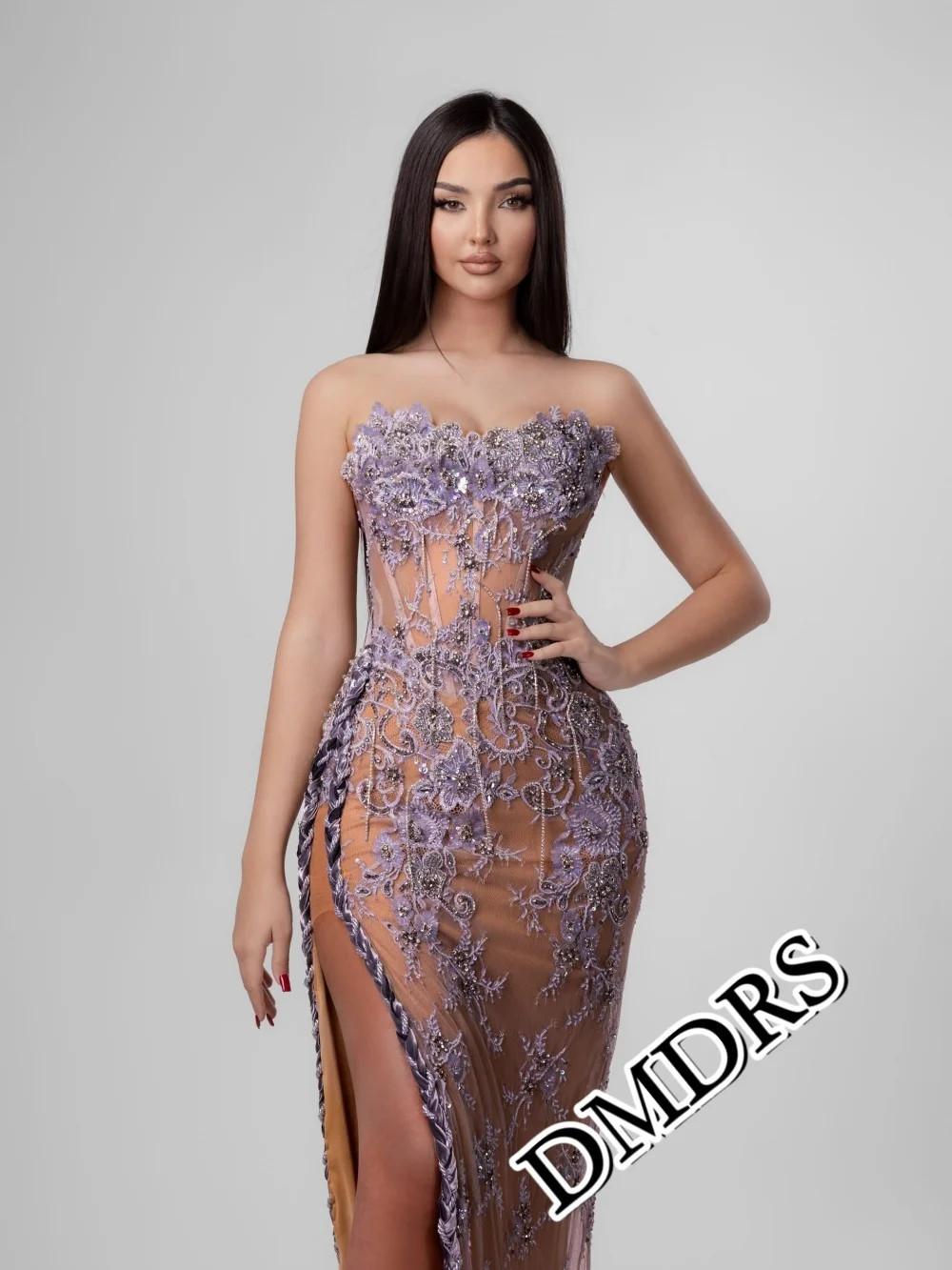 

DMDRS Elegant V-Neck Evening Dress, Classic Sleeveless A-Line Party Gown, Classic Side-Slit Crystal Floor-Length Party Dress