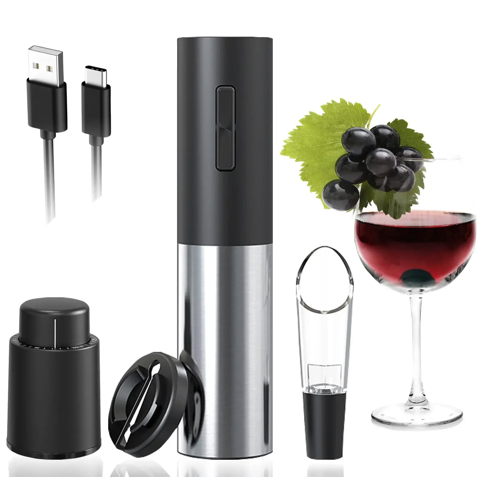 

Electric Wine Corkscrew For Christmas Gift USB Rechargeable Beer Bottle Opener with Foil Cutter, Vacuum Stoppers Kitchen Tool