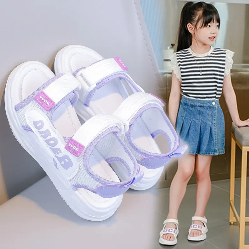 Girls Sandals Hook&loop Non-slip Soft Comfortable Children Beach Shoes Open Toes 2025 Summer Kids Princess Shoes Sweet Trendy