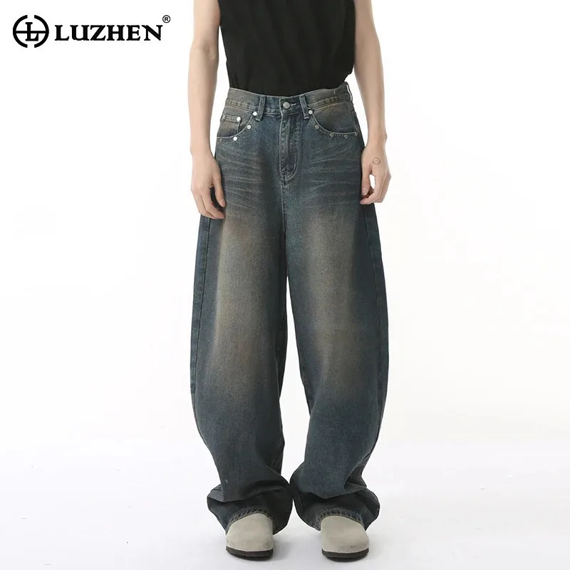 LUZHEN Original Vintage Wornout Washed Patchwork Leather Pockets Design Loose Denim Pants Men's Fashion 2025 New Jeans LZ8622