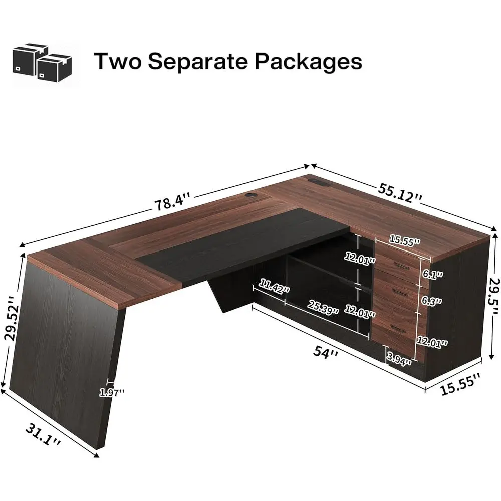 78-Inch L-Shaped Executive Home Office Desk with Cord Management, Power Outlet, Lateral File Cabinet, Open Shelf, Walnut Brown a