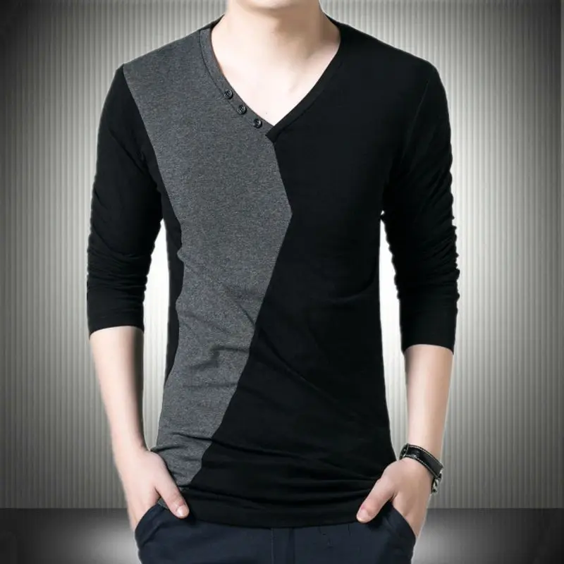 2023 New Spring and Autumn Fashion Trend V-neck Panel Contrast Color Fashion Warmth Oversized Slim Fit Men's Bottom Shirt