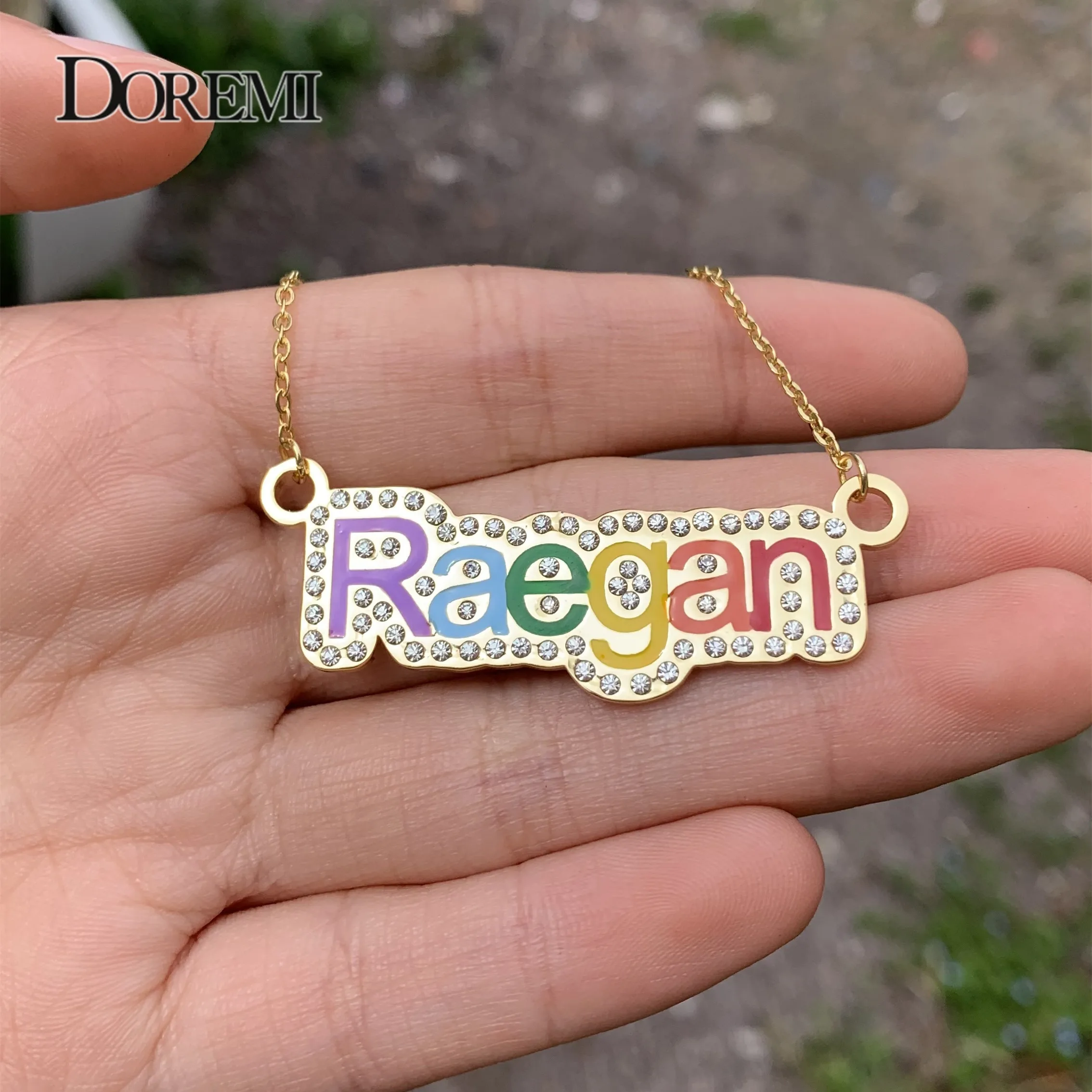 DOREMI Colorful Enamel Name Necklace Stainless Iced Out Chain for Women Personalized Custom Name Chain Rhinestone Pendant  Gift