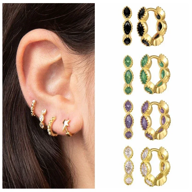 YUXINTOME 925 Sterling Silver Ear Needle Hoop Earrings Oval Colorful Zircon Earrings CZ 2022 Rock Punk Jewelry For European