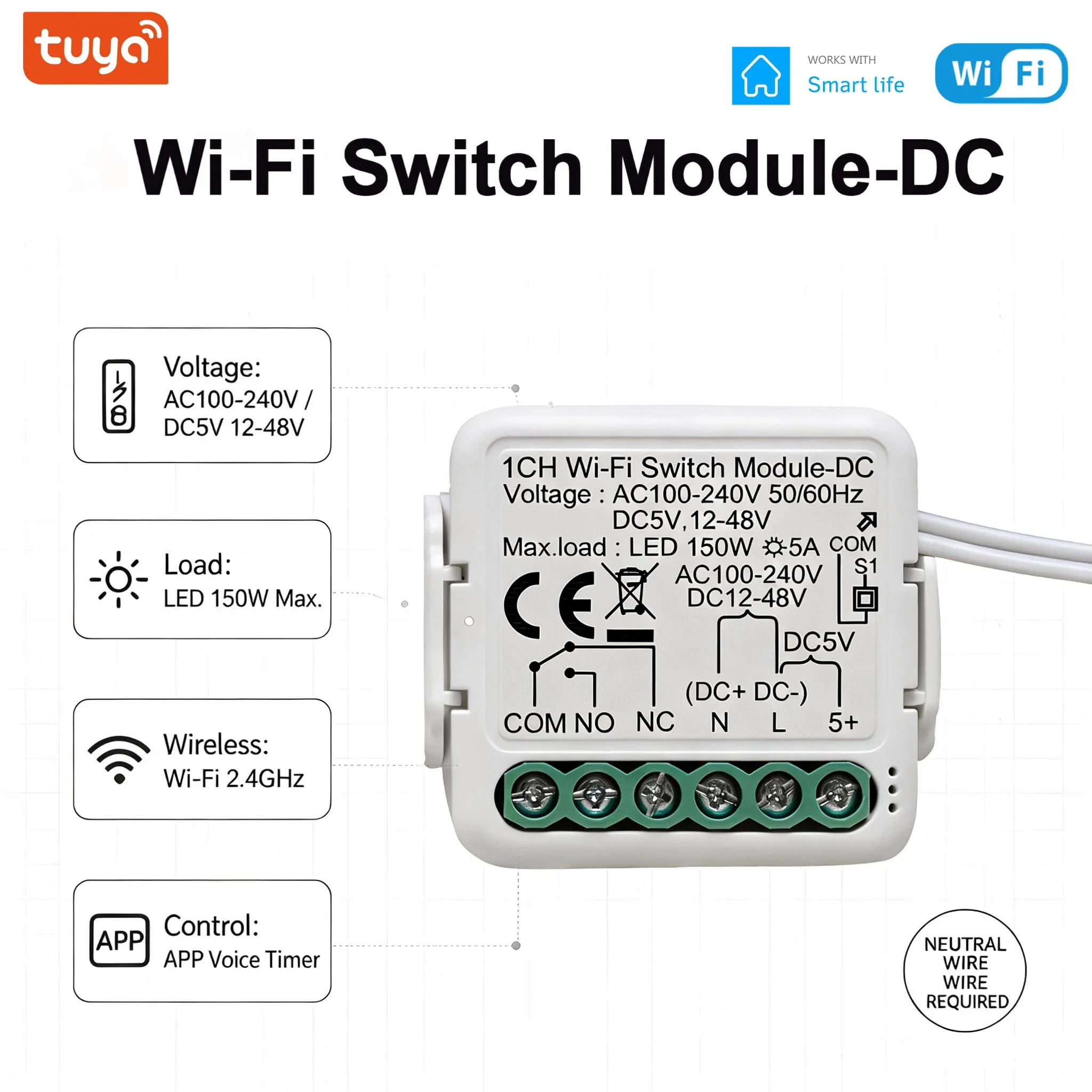 Smart Life WiFi Trockenkontakt-Schaltmodul, DC5V / 12‑48V / AC100‑240V, kompatibel mit Alexa & Google Home