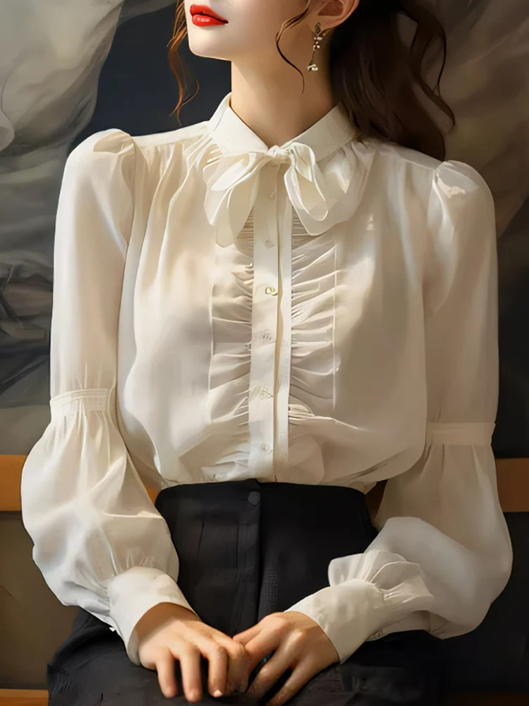 

Белая женская рубашка с длинным рукавом и воротником-бантом, весна-осень, высокое качество