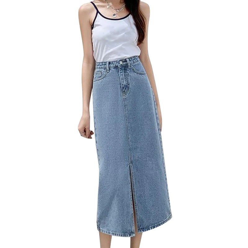Vrouwen Split Lange Denim Rokken Zomer Hoge Taille Denim Rok Nieuwe Zomer A-Lijn Rok Met Omwikkelde Billen Rok Peervormig