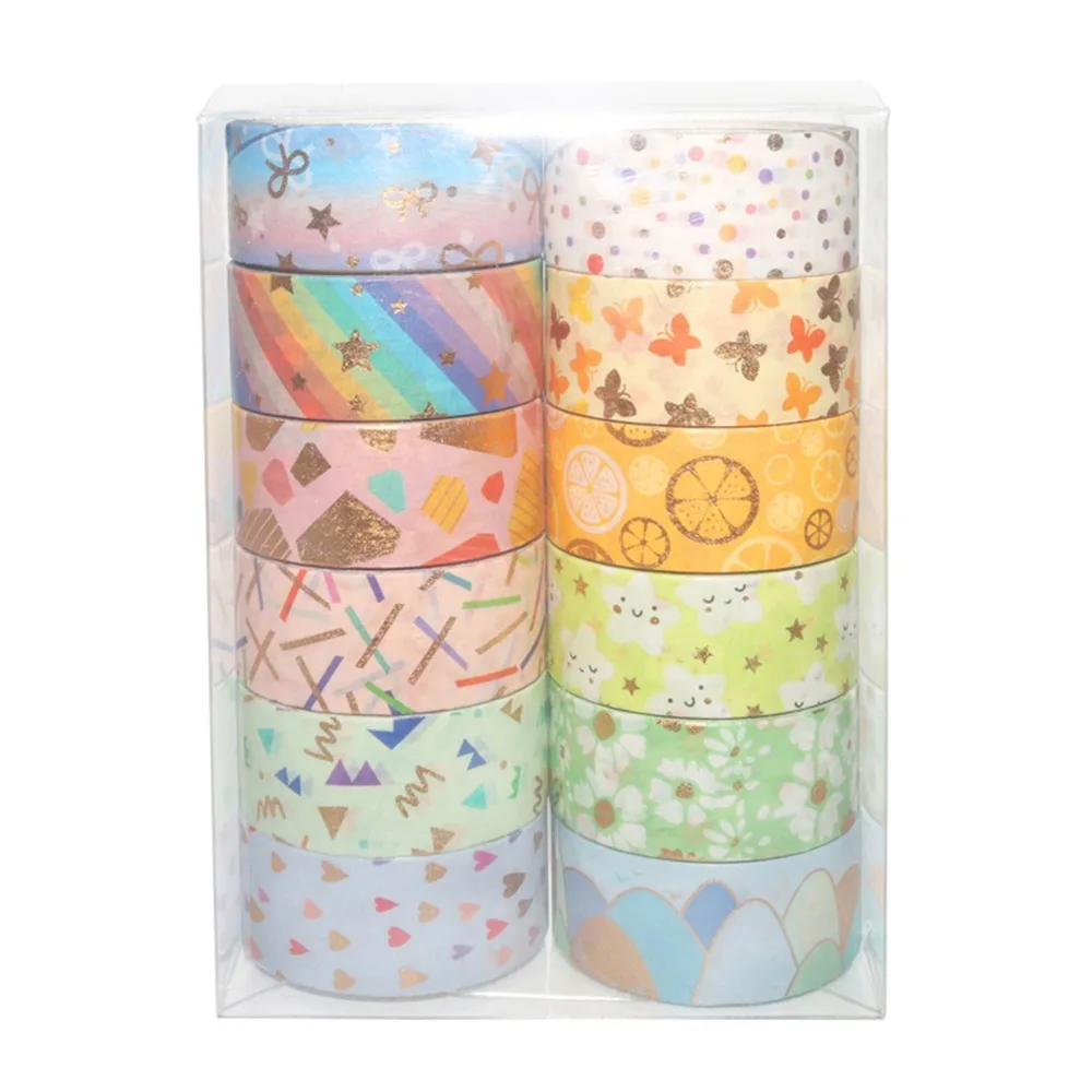 12Pcs Stylish Washi Tape Washi Tape Set 15mm Wide Bronzing Masking Tape Candy Color Pattern Printed Adhesive Tape Scrapbooking
